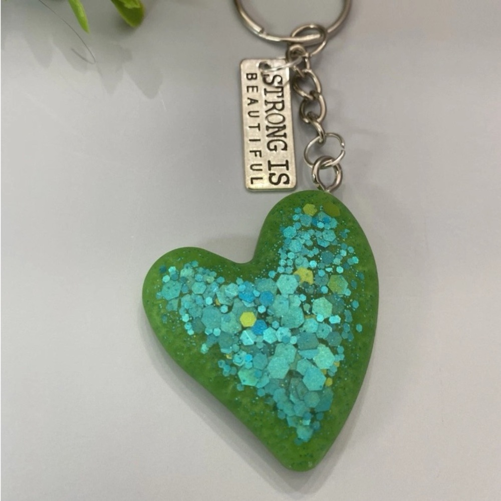 Green Glitter Heart Keychain • Inspirational Charm